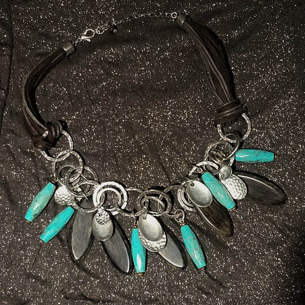 Faux Turquoise and Wood Statement Necklace
